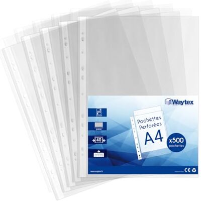 Waytex Set med 500 genomskinliga A4-perforerade fickor, 40 mikron, kornade plastfickor för pärm 2, 3, 4 ringar hög öppning kapacitet för 20 ark Waytex Set med 500 genomskinliga A4-perforerade fickor, 40 mikron, kornade plastfickor för pärm 2, 3, 4 ringar hög öppning kapacitet för 20 ark