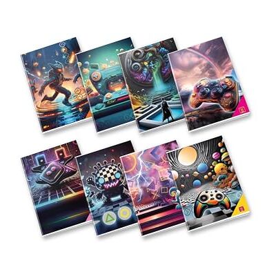 Pigna , Maxi Quaderno Electronic Games, format A4 21x29,7 cm, 80 sidor + omslag, papper 80 g/m², insida 0A, linjer för första och andra klass, olika omslag, 10 st. Pigna , Maxi Quaderno Electronic Games, format A4 21x29,7 cm, 80 sidor + omslag, papper 80 g/m², insida 0A, linjer för första och andra klass, olika omslag, 10 st.