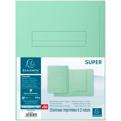 Exacompta Ref 335004E Förpackning med 50 tryckta stela mappar med 2 SUPER 210 gsm-flikar pastellfärger PEFC™-certifierade mappar storlek 24 x 32 cm för A4-format ljusgrön färg Exacompta Ref 335004E Förpackning med 50 tryckta stela mappar med 2 SUPER 210 gsm-flikar pastellfärger PEFC™-certifierade mappar storlek 24 x 32 cm för A4-format ljusgrön färg