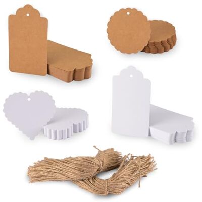 Creative Florence färgade kort presentetiketter och etiketter med vågkant – vit/brun – paket med 200 – set med klassiska, hjärt- och cirkulära kraftpapperslappar Creative Florence färgade kort presentetiketter och etiketter med vågkant – vit/brun – paket med 200 – set med klassiska, hjärt- och cirkulära kraftpapperslappar