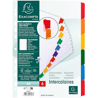 Exacompta Ref. 2306E Kartong med 20 fack i vitt kort 160g/m2 FSC® med 6 neutrala färgade flikar förstärkta och laminerade Utskrivbar indexeringssida A4-format för arkivering Exacompta Ref. 2306E Kartong med 20 fack i vitt kort 160g/m2 FSC® med 6 neutrala färgade flikar förstärkta och laminerade Utskrivbar indexeringssida A4-format för arkivering