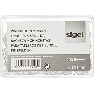 Sigel MU190 nålar, plasthuvud, transparent, 1,5 cm lång, 200 stycken Sigel MU190 nålar, plasthuvud, transparent, 1,5 cm lång, 200 stycken