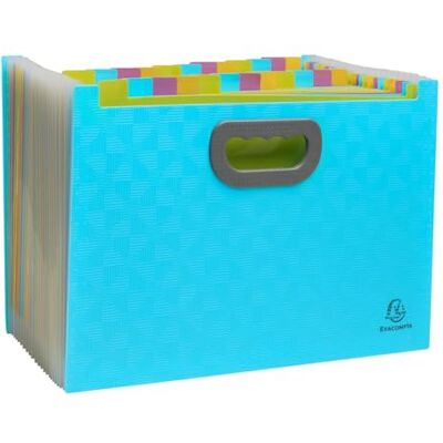 Exacompta Ref. 55199E kartong med 4 öppna utdragbara resväsksorterare med Pop'Nco-handtag återvunnet PP-omslag inuti PP 24 fack dim 33 x 23,5 x 25 cm cyan färg Exacompta Ref. 55199E kartong med 4 öppna utdragbara resväsksorterare med Pop'Nco-handtag återvunnet PP-omslag inuti PP 24 fack dim 33 x 23,5 x 25 cm cyan färg