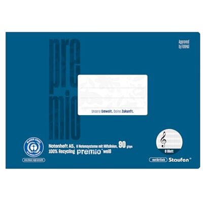 Staufen premio musikskrift 5 musikskrifter, 8 ark vardera, linjerad NH, DIN A5 liggande, 90 g/m², 6 notstaplar och stödlinjer Staufen premio musikskrift 5 musikskrifter, 8 ark vardera, linjerad NH, DIN A5 liggande, 90 g/m², 6 notstaplar och stödlinjer
