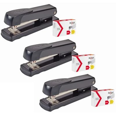 Rexel Meteor halvremsa häftapparat med 1 000 26/6 häftklamrar (förpackning med 3), 20 arkkapacitet, metall skrivbordshäftapparat med ergonomiskt grepp, svart (2115734) Rexel Meteor halvremsa häftapparat med 1 000 26/6 häftklamrar (förpackning med 3), 20 arkkapacitet, metall skrivbordshäftapparat med ergonomiskt grepp, svart (2115734)