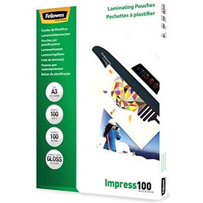 Fellowes Lamineringsfolier A3, 100 mikron (2 x 100 mic), glänsande, 100 stycken Fellowes Lamineringsfolier A3, 100 mikron (2 x 100 mic), glänsande, 100 stycken