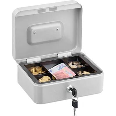 Relaxdays Låsbar, avtagbar insats, 5 fack, pengabox järn, H x B x D: 8,5 x 20 x 17 cm, vit Relaxdays Låsbar, avtagbar insats, 5 fack, pengabox järn, H x B x D: 8,5 x 20 x 17 cm, vit