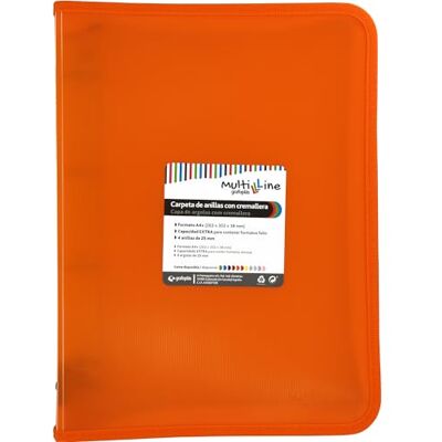 Grafoplás Ringpärm med A4+ dragkedja Orange Multiline 4 x 25 mm blandade ringar Vertikalt randigt polypropylenskydd Extra kapacitet för pappersark i folioformat Grafoplás Ringpärm med A4+ dragkedja Orange Multiline 4 x 25 mm blandade ringar Vertikalt randigt polypropylenskydd Extra kapacitet för pappersark i folioformat