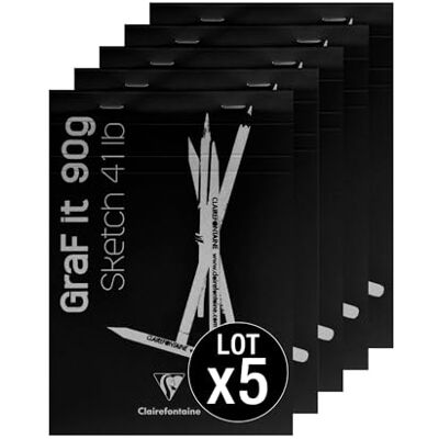Clairefontaine 96618Cpack En uppsättning med 5 GraF'it häftade block 80 ark papper skissritning avtagbara ark A6 10,5 x 14,8 cm 90 g svarta omslag Clairefontaine 96618Cpack En uppsättning med 5 GraF'it häftade block 80 ark papper skissritning avtagbara ark A6 10,5 x 14,8 cm 90 g svarta omslag
