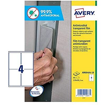 Avery España AM0P4A4, Antibakteriella lim Transparent, 139x99.1mm, 40 etiketter Låda Avery España AM0P4A4, Antibakteriella lim Transparent, 139x99.1mm, 40 etiketter Låda