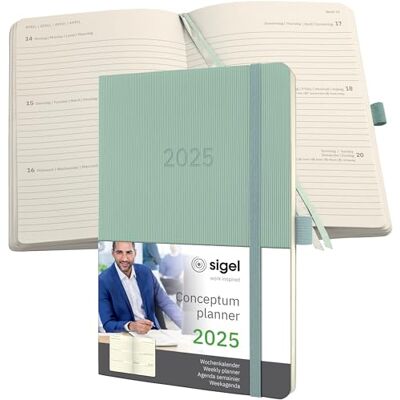 Sigel C2538 Mötesplanerare Veckokalender 2025, Ca A5, Grön, Mjuk Pärm, 192 Sidor, Resår, Pennögla, Arkivväska, Tillverkad av Hållbart Papper, Conceptum. Sigel C2538 Mötesplanerare Veckokalender 2025, Ca A5, Grön, Mjuk Pärm, 192 Sidor, Resår, Pennögla, Arkivväska, Tillverkad av Hållbart Papper, Conceptum.