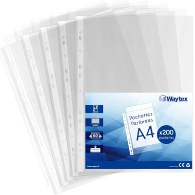 Waytex Set med 200 genomskinliga A4-perforerade fickor, 60 mikron, kornade plastfickor för pärm 2, 3, 4 ringar hög öppning kapacitet för 25 ark Waytex Set med 200 genomskinliga A4-perforerade fickor, 60 mikron, kornade plastfickor för pärm 2, 3, 4 ringar hög öppning kapacitet för 25 ark