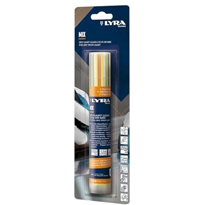 LYRA DRY GIANT MIX reservledningar rund box fylld med 12 stycken blandade färger, 2 x 5 x 150 mm, för nästan alla ytor, i blister LYRA DRY GIANT MIX reservledningar rund box fylld med 12 stycken blandade färger, 2 x 5 x 150 mm, för nästan alla ytor, i blister