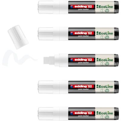 edding 52 EcoLine färgmarkör – vit – förpackning med 5 – mejselspets 4–15 mm – vattenbaserat bläck, mycket ogenomskinlig och vattentät – penna för glas, sten, trä, plast och papper edding 52 EcoLine färgmarkör – vit – förpackning med 5 – mejselspets 4–15 mm – vattenbaserat bläck, mycket ogenomskinlig och vattentät – penna för glas, sten, trä, plast och papper