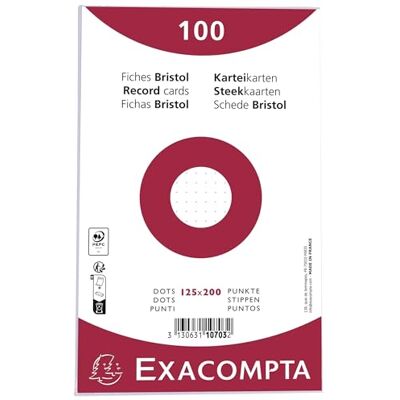 Exacompta Ref. 10703E kartong med 12 förpackningar med 100 ark under film operforerade bristol prickar format 125 x 200 mm Clairefontaine papper PEFC-certifierat vit färg Exacompta Ref. 10703E kartong med 12 förpackningar med 100 ark under film operforerade bristol prickar format 125 x 200 mm Clairefontaine papper PEFC-certifierat vit färg