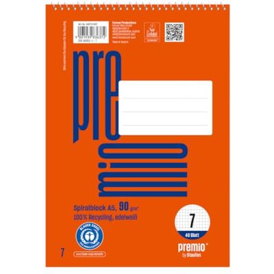 Staufen premio spiralblock – 5 collegeblock vardera, 40 ark, DIN A5, linjerat 7 (7 mm rutig), 90 g/m² återvunnet papper Staufen premio spiralblock – 5 collegeblock vardera, 40 ark, DIN A5, linjerat 7 (7 mm rutig), 90 g/m² återvunnet papper