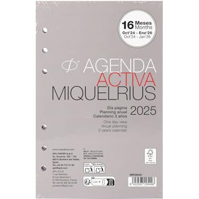 Miquelrius Årlig påfyllningsbok 2025, 16 månader, dag sida, påfyllningsring, aktiv storlek 117 x 182 mm, Agenda ersättning 6 ringar, spanska, portugisiska och engelska Miquelrius Årlig påfyllningsbok 2025, 16 månader, dag sida, påfyllningsring, aktiv storlek 117 x 182 mm, Agenda ersättning 6 ringar, spanska, portugisiska och engelska