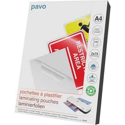 Pavo A4 lamineringspåse (SNABB) 2 x 75 Mikron glans, paket med 100 ark Pavo A4 lamineringspåse (SNABB) 2 x 75 Mikron glans, paket med 100 ark