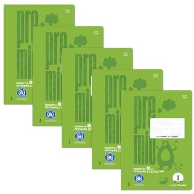 Staufen premio skolhäfte – 5 häften vardera, 32 ark, DIN A4, linjerat 3 (21 dubbla linjer), 90 g/m² återvunnet papper Staufen premio skolhäfte – 5 häften vardera, 32 ark, DIN A4, linjerat 3 (21 dubbla linjer), 90 g/m² återvunnet papper