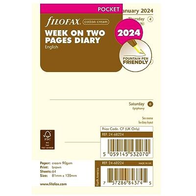 Filofax Kalenderdagbok, påfyllning, fickstorlek, vecka-till-visa, bomullskrämpapper, olinjerat, engelska, 2024 (C68224-24) Filofax Kalenderdagbok, påfyllning, fickstorlek, vecka-till-visa, bomullskrämpapper, olinjerat, engelska, 2024 (C68224-24)