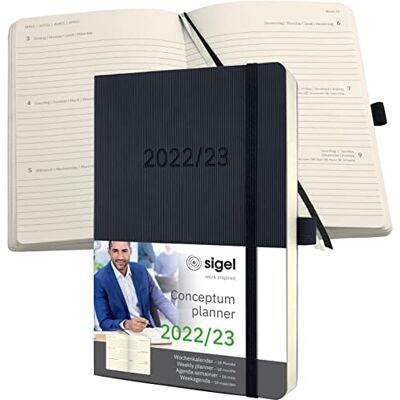 Sigel C2306 Möteskalender veckokalender 2022/2023 – ca. A5 – svart – mjukt fodral – 256 sidor – gummiband, pennslinga, arkivväska – PEFC-certifierad – 18 månadskalender – konceptum Sigel C2306 Möteskalender veckokalender 2022/2023 – ca. A5 – svart – mjukt fodral – 256 sidor – gummiband, pennslinga, arkivväska – PEFC-certifierad – 18 månadskalender – konceptum