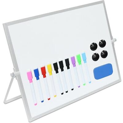 Relaxdays Whiteboard bord, 30 x 40 cm, magnetisk, 360° roterbar, med pennor, magneter, svamp, magnettavla, vit/silver Relaxdays Whiteboard bord, 30 x 40 cm, magnetisk, 360° roterbar, med pennor, magneter, svamp, magnettavla, vit/silver