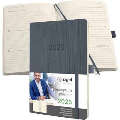 Sigel C2536 Mötesplanerare Veckokalender 2025, Ca A5, Mörkgrå, Mjuk Pärm, 192 Sidor, Resårband, Pennögla, Arkivväska, Tillverkad av Hållbart Papper, Conceptum. Sigel C2536 Mötesplanerare Veckokalender 2025, Ca A5, Mörkgrå, Mjuk Pärm, 192 Sidor, Resårband, Pennögla, Arkivväska, Tillverkad av Hållbart Papper, Conceptum.