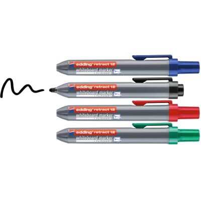 edding 12 Indragen whiteboard-markör – svart, röd, blå, grön – set med 4 – rund spets 1,5–3 mm – utan lock – för enhandsanvändning på whiteboards, blädderblock, magnetiska tavlor, anslagstavlor, edding 12 Indragen whiteboard-markör – svart, röd, blå, grön – set med 4 – rund spets 1,5–3 mm – utan lock – för enhandsanvändning på whiteboards, blädderblock, magnetiska tavlor, anslagstavlor,