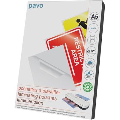 Pavo A5 lamineringspåse 2x125 Mikron, matt, paket med 100 ark Pavo A5 lamineringspåse 2x125 Mikron, matt, paket med 100 ark