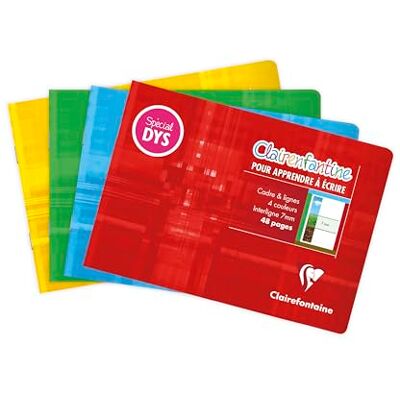 Clairefontaine 37568C Cahier d'écriture "Clairenfantine" spécial Dys piqué 14,8x10,5cm 48 pages cadre & lignes 4 couleurs Interligne 7 mm Paq de 10 Clairefontaine 37568C Cahier d'écriture "Clairenfantine" spécial Dys piqué 14,8x10,5cm 48 pages cadre & lignes 4 couleurs Interligne 7 mm Paq de 10