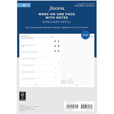 Filofax A5 vecka på en sida med anteckningar 5 språk 2026 dagbok 26-68509 Filofax A5 vecka på en sida med anteckningar 5 språk 2026 dagbok 26-68509