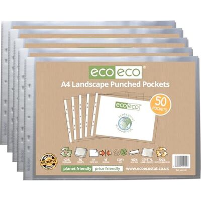eco-eco A4 100% återvunnet landskap flera stansade fickor glasklart, transparent poly plånboksskydd, 45 mikron (5 paket med 50), eco145 x 5 eco-eco A4 100% återvunnet landskap flera stansade fickor glasklart, transparent poly plånboksskydd, 45 mikron (5 paket med 50), eco145 x 5