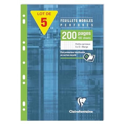 Clairefontaine 17522Cpack Un paquet de 5 Étuis de Feuillets Mobiles Perforés A4 21x29,7 cm 200 Pages Petits Carreaux avec Marge Papier Blanc 90 g Étui Réutilisable Clairefontaine 17522Cpack Un paquet de 5 Étuis de Feuillets Mobiles Perforés A4 21x29,7 cm 200 Pages Petits Carreaux avec Marge Papier Blanc 90 g Étui Réutilisable