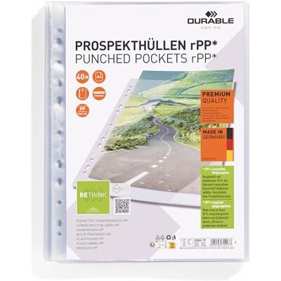 Durable Hållbara broschyromslag A4 i premiumkvalitet, tillverkade av återvunnen PP, genomskinliga fickor 40 stycken, öppen ovansida, 268619 Durable Hållbara broschyromslag A4 i premiumkvalitet, tillverkade av återvunnen PP, genomskinliga fickor 40 stycken, öppen ovansida, 268619