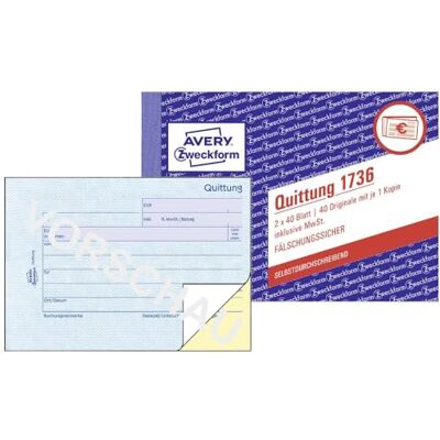 Avery 1736-5 kvittskapsblock (A6 tvärgående, 2 x 40 ark, med genomslag, förfalskningssäker, inkl. Moms, för Tyskland och Österrike) 5-pack vit/gul Avery 1736-5 kvittskapsblock (A6 tvärgående, 2 x 40 ark, med genomslag, förfalskningssäker, inkl. Moms, för Tyskland och Österrike) 5-pack vit/gul