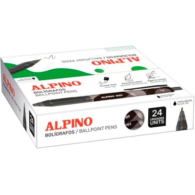 Alpino Låda med 24 dotpennor – svart bläck, indragbar systemdesign, mjukt, halkfritt grepp, 1 mm spets högkvalitativt bläck och snabbtorkande Alpino Låda med 24 dotpennor – svart bläck, indragbar systemdesign, mjukt, halkfritt grepp, 1 mm spets högkvalitativt bläck och snabbtorkande