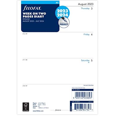 Filofax A5 vecka på två sidor mitten av årsdagbok 23 augusti 24 juli, vit Filofax A5 vecka på två sidor mitten av årsdagbok 23 augusti 24 juli, vit