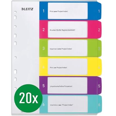 Leitz register för A4, 20-pack, PC-skrivbart försättsblad och 6 skiljeblad, flikar med nummertryck 1-6, överbredd, flerfärgad, polypropen, WOW, 1242000 Leitz register för A4, 20-pack, PC-skrivbart försättsblad och 6 skiljeblad, flikar med nummertryck 1-6, överbredd, flerfärgad, polypropen, WOW, 1242000