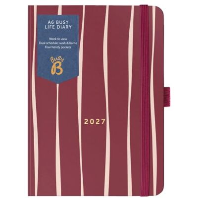 Busy B A6 2027 dagbok – kompakt dubbelschemaplanerare – vinröd rand A6 Diary in Burgundy Stripe är en kompakt planerare med dubbla scheman, årskalender, pennslinga och fickor. Busy B A6 2027 dagbok – kompakt dubbelschemaplanerare – vinröd rand A6 Diary in Burgundy Stripe är en kompakt planerare med dubbla scheman, årskalender, pennslinga och fickor.
