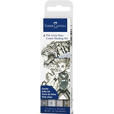 Faber-Castell Creative Studio Pitt Artist Pen Brush India Ink Pen, Comic Shading set, paket med 4, för konst, hantverk, ritning, skissning, hem, skola, universitet, färgning Faber-Castell Creative Studio Pitt Artist Pen Brush India Ink Pen, Comic Shading set, paket med 4, för konst, hantverk, ritning, skissning, hem, skola, universitet, färgning