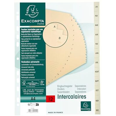 Exacompta Intercalaires imprimes carte peau 155g 12 positions de janvier a decembre a4 Exacompta Intercalaires imprimes carte peau 155g 12 positions de janvier a decembre a4