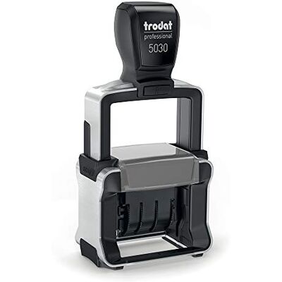 Trodat Professional 5030 självpåfyllande datumstämpel, 4 x 26 mm fingeravtrycksbredd, MMM-datumformat (första 3 bokstäverna på italienska) AAAA, 4 mm teckenhöjd, patron ingår i svart bläck Trodat Professional 5030 självpåfyllande datumstämpel, 4 x 26 mm fingeravtrycksbredd, MMM-datumformat (första 3 bokstäverna på italienska) AAAA, 4 mm teckenhöjd, patron ingår i svart bläck