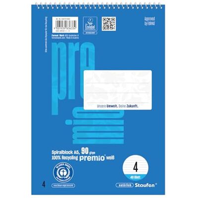 Staufen premio spiralanteckningsblock – 5 anteckningsblock, 40 ark vardera, linjerad 4, DIN A5, 90 g/m², linjerad 9 mm Staufen premio spiralanteckningsblock – 5 anteckningsblock, 40 ark vardera, linjerad 4, DIN A5, 90 g/m², linjerad 9 mm