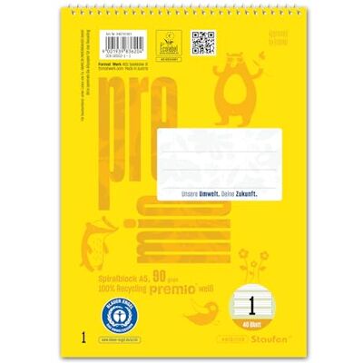 Staufen premio spiralblock – 5 collegeblock vardera, 40 ark, DIN A5, linjering 1 (5/5/5 mm linerad), 90 g/m² återvunnet papper Staufen premio spiralblock – 5 collegeblock vardera, 40 ark, DIN A5, linjering 1 (5/5/5 mm linerad), 90 g/m² återvunnet papper