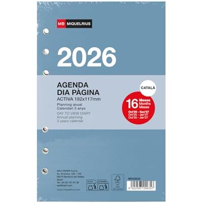 Miquelrius Byte av ringplanerare 2026, 16 månader, dag sida, daglig ersättning för ringplanerare, liknande A6+ (117 x 182 mm), ersättning för 6 ringar, CAT-EN-PT Miquelrius Byte av ringplanerare 2026, 16 månader, dag sida, daglig ersättning för ringplanerare, liknande A6+ (117 x 182 mm), ersättning för 6 ringar, CAT-EN-PT