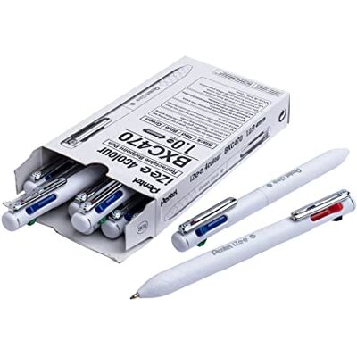 Pentel iZee BXC470-W, set med 12 kulspetspennor 4 färger bläck med låg viskositet svart, röd, blå, grön, 1 mm bred spets, vit kropp Pentel iZee BXC470-W, set med 12 kulspetspennor 4 färger bläck med låg viskositet svart, röd, blå, grön, 1 mm bred spets, vit kropp