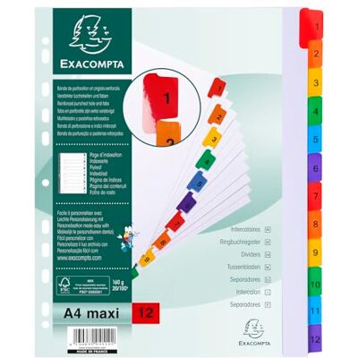 Exacompta Ref. 4112E Kartong med 20 fack i vitt kort 160 g/m2 FSC® med 12 digitala tryckta flikar från 1 till 12 i färg Utskrivbar indexeringssida Max. A4-format Exacompta Ref. 4112E Kartong med 20 fack i vitt kort 160 g/m2 FSC® med 12 digitala tryckta flikar från 1 till 12 i färg Utskrivbar indexeringssida Max. A4-format