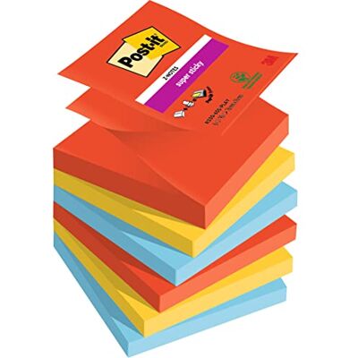 Post-it Super Sticky Z-Notes lekfull färgsamling, paket med 6 dynor, 90 ark per dyna, 76 mm x 76 mm, röd, gul, blå extra klisterlappar för anteckningar, att göra-listor och påminnelser Post-it Super Sticky Z-Notes lekfull färgsamling, paket med 6 dynor, 90 ark per dyna, 76 mm x 76 mm, röd, gul, blå extra klisterlappar för anteckningar, att göra-listor och påminnelser