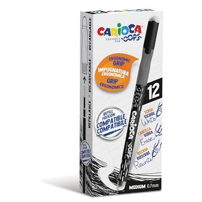 CARIOCA Oops svarta pennor Uppladdningsbara pennuppsättningar för skola och kontor med huva, dubbla gummi och ergonomiskt handtag, svarta pennor, 12 stycken CARIOCA Oops svarta pennor Uppladdningsbara pennuppsättningar för skola och kontor med huva, dubbla gummi och ergonomiskt handtag, svarta pennor, 12 stycken