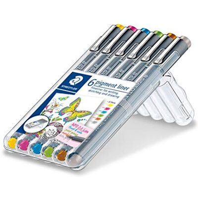 STAEDTLER Pigment Liner, Fineliner, Hohe Qualität, Pigmenttinte, dokumentenecht, lichtbeständig, wasserfest auf Papier, Linienbreite 0, 3 mm, box mit 6 Farben, 30803S2SB6 STAEDTLER Pigment Liner, Fineliner, Hohe Qualität, Pigmenttinte, dokumentenecht, lichtbeständig, wasserfest auf Papier, Linienbreite 0, 3 mm, box mit 6 Farben, 30803S2SB6